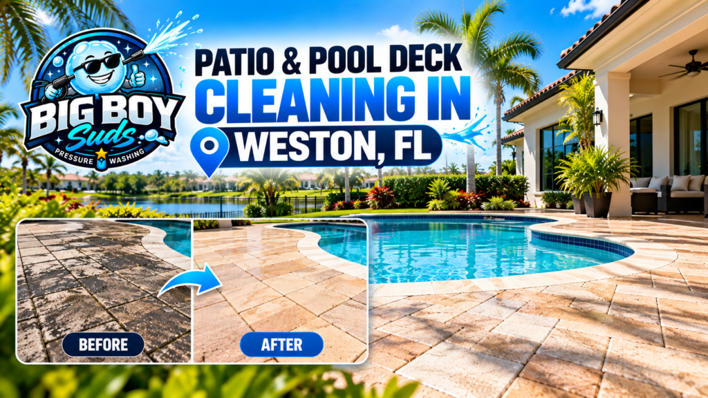 Professional pool deck cleaning at a residential property in Weston, FL by Big Boy Suds
