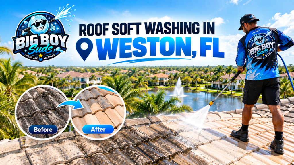 Roof soft washing at a residential property in Weston, FL by Big Boy Suds